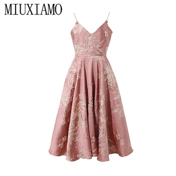 

MIUXIMAO 2020 Summer Dress Luxurious Diamonds Party Dress Slim Elegant Jacquard Pink Flower Casual Cute Dress Women vestidos