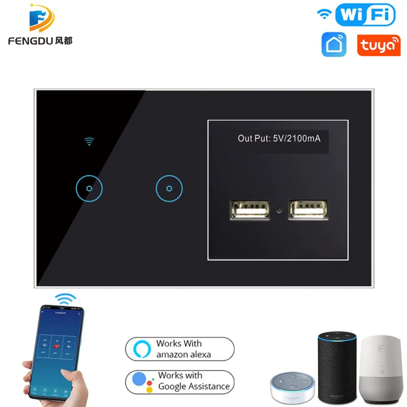 - Tuya Smart Life APP Control LED Wall Light Switch 2200W 90240V Touch Smart Home Switch 2 USB Port Alexa Google Assistant