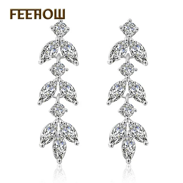 FEEHOW, длинные висячие серьги в виде цветка маркизы, циркония, кристаллов, для женщин, блестящий лист, CZ камень, свадебные ювелирные изделия FWEP167 - Окраска металла: White Color 3