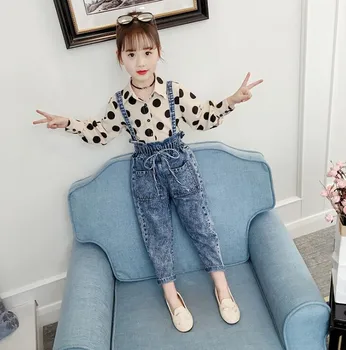 

2019 new wholesale girls 2 pcs set dots blouse+ denim overalls autumn fashion girls suit 4-9t C138