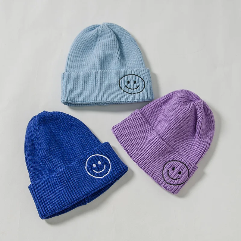 HOT 1Pcs Warm Wool Knit Elasticity Hat Kid Boy Girl Autumn Winter Embroidered Smiley Hat 6M-8T