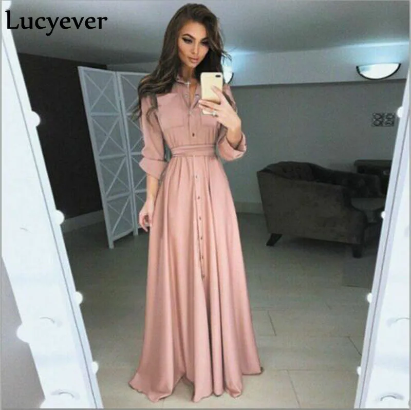 

Lucyever Autumn Women Maxi Dress Long Sleeve Single Breasted Shirt Long Dress Elegant Turn Down Collar Plus Size Party Vestios