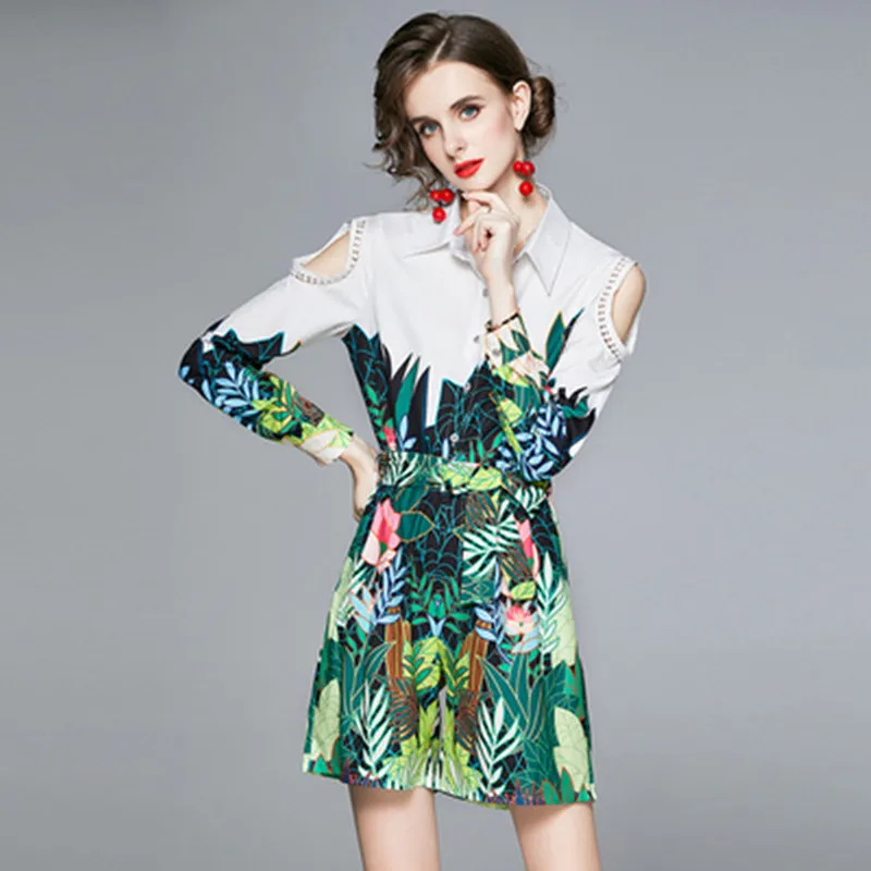 

Autumn Runway Green Tropical Jungle Suit Set Women Sexy Off Shoulder Hollow Out Flower Print Shirt Top and High Waist Shorts Set