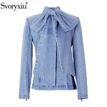 Svoryxiu дизайнерские осенние модная блузка из денима Для женщин, с бантом, большой бант воротник с длинными рукавами синие джинсы блузки, рубашки, топы