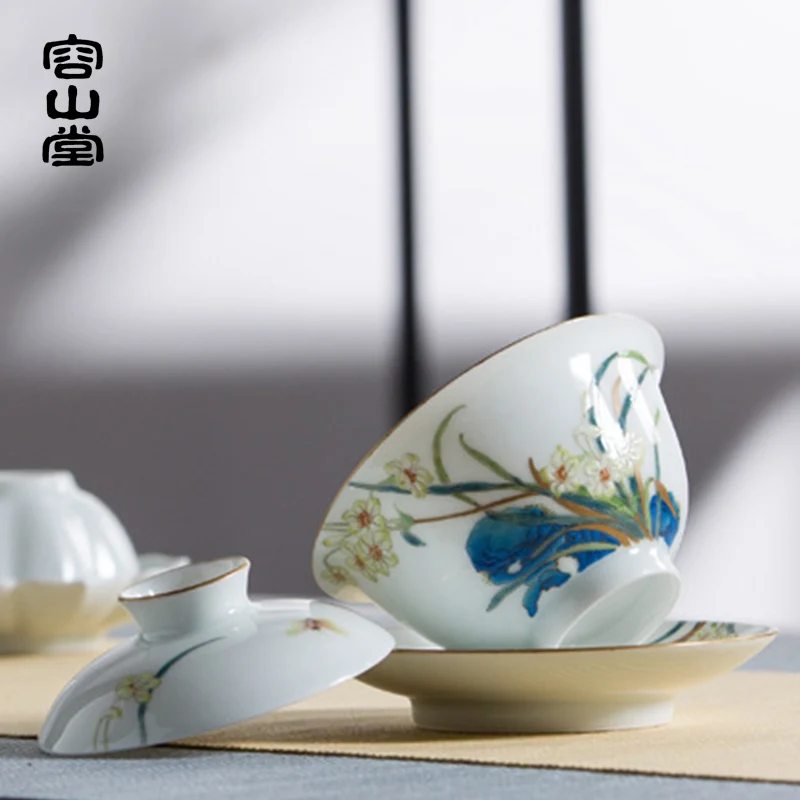 

|RongShan hall let kiln enamel colour make tea tureen jingdezhen ceramic cups hand-painted three bowl kung fu tea set