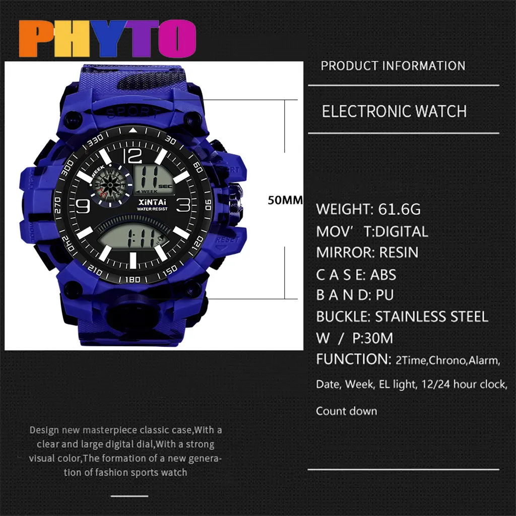 Мужские многоцветные электронные часы модные высококачественные многофункциональные водонепроницаемые спортивные водонепроницаемые электронные часы 30 м relogio 50