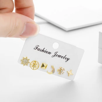 

Fashion Gold Star And Square With Cz Flower Moon Small Stud Earrings Set High Quality Charms Set Earrings For Women New Jewellry