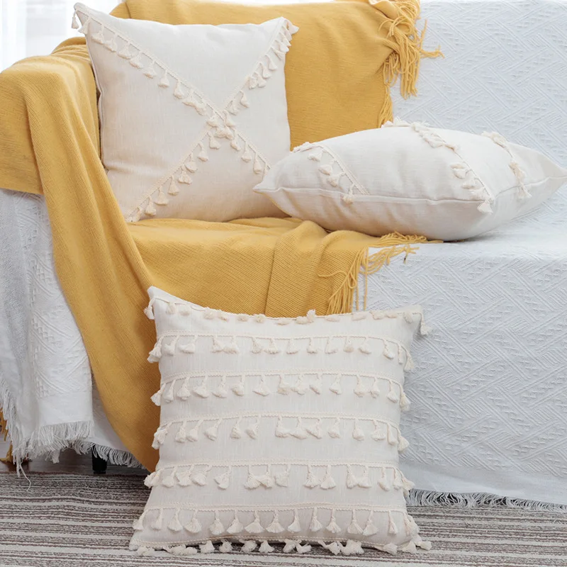 

Boho Cushion Cover with Tassels Cotton Linen Moroccan Macrame Home Sofa Bedroom Decorative Pillow Case Pillows for Living Room