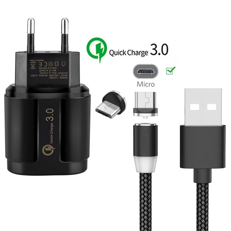 Магнитный Micro USB кабель QC 3,0 быстрое зарядное устройство для samsung A10 huawei Y5 Y7 Y9 Honor 8X zte Blade V9 V7 A3 A5 Android мобильный телефон - Тип штекера: EU charger and cable