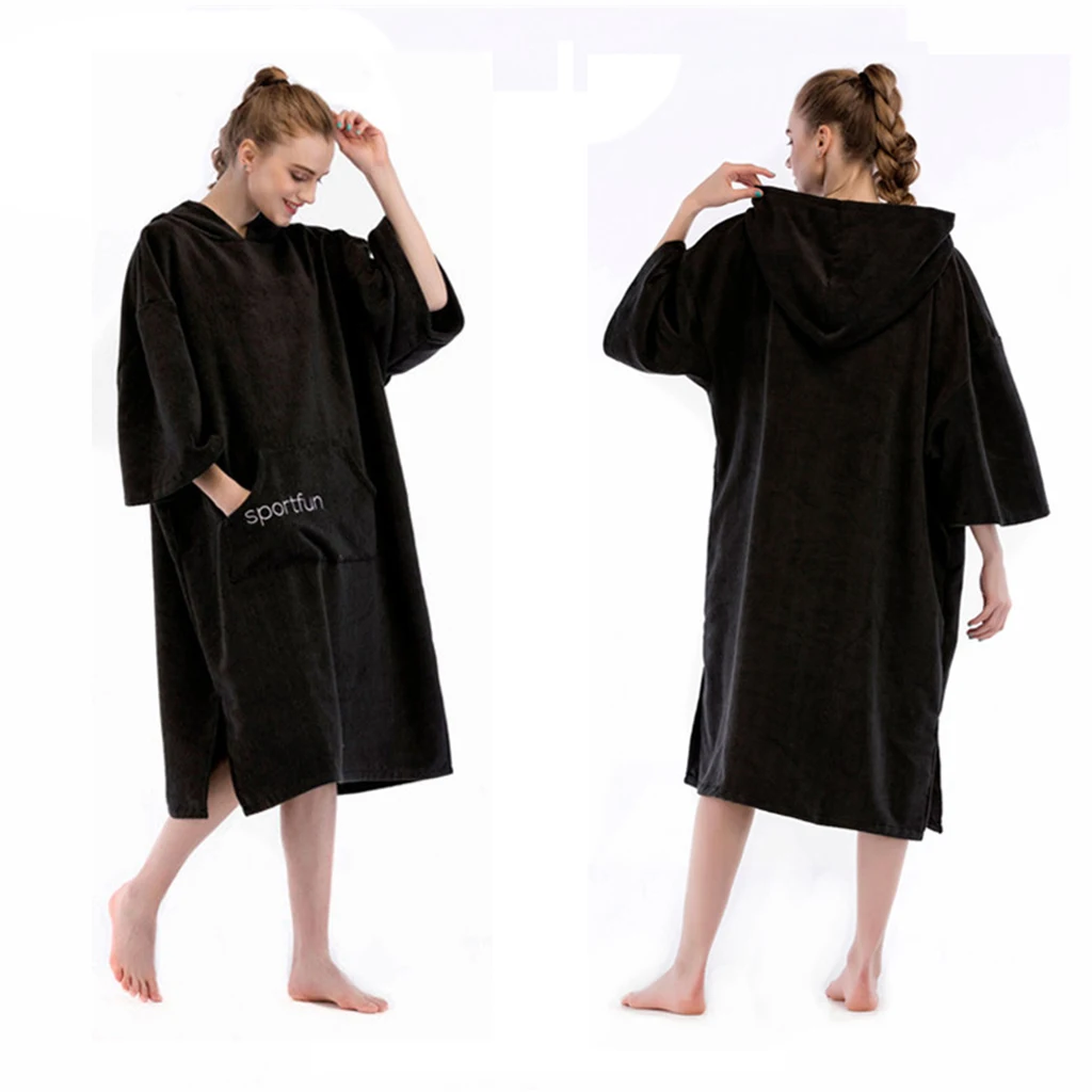 Microfiber Surf Beach Hooded Poncho w/ Front Poccket Water-absorbing Quick Dry Bathrobe Wetsuit Changing Robe/Towel 
