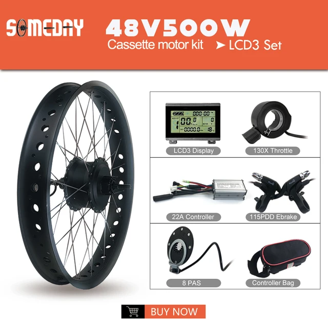SOMEDAY 36V/48V 500W Snow Bike Electric Bicycle Conversion Kit 20 26 Inch Wheel Rear Cassette Hub Motor for Fat Tire Bike 48V LCD3 Set