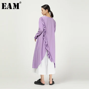 

[EAM] Women Purple Asymmetrical Ruffles Split Long T-shirt New Round Neck Long Sleeve Fashion Tide Spring Autumn 2020 1N472
