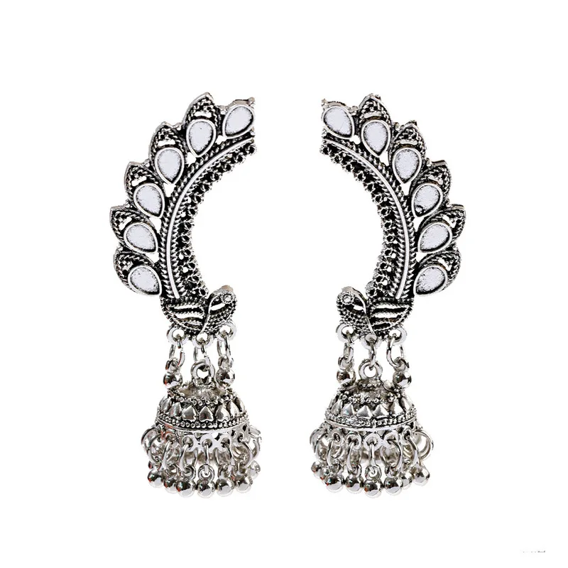 Женские индийские серьги Jhumka, павлин, серебряные металлические Большие колокольчики, Висячие длинные серьги с кисточками для женщин, бохо, цыганский родовой ювелирные изделия