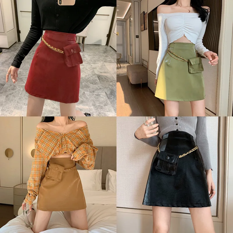 

Photo Shoot Hong Kong Flavor High-waisted PU Leather Skirt Sheath A- line Short Skirt Send Wallet