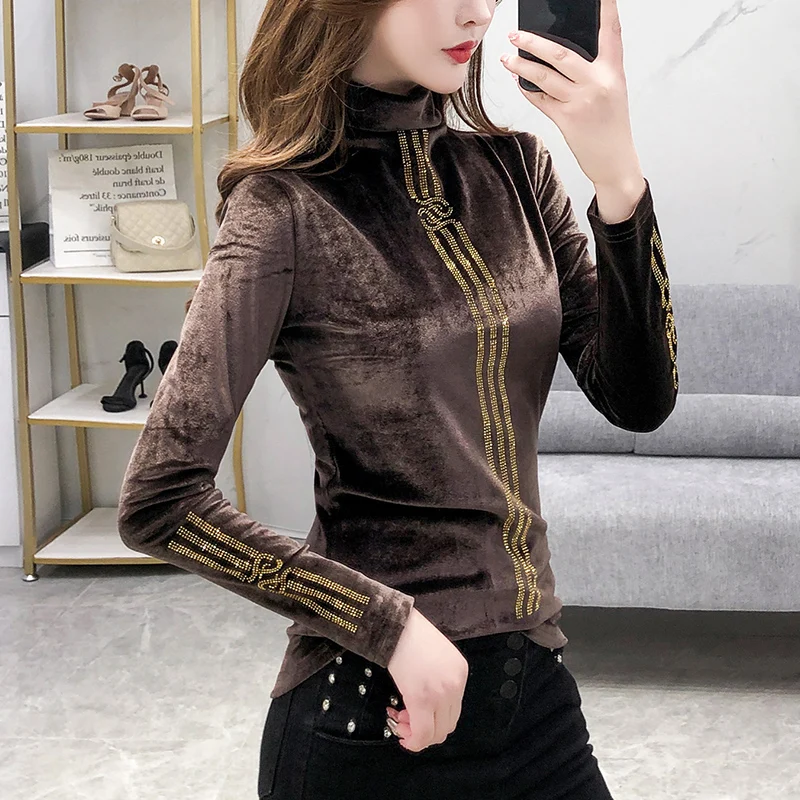 Billig Mode Sexy Shiny Patchwork Diamanten Sicken T shirt Neue Herbst Winter Top Kleidung Mit Fleece Shirt Camiseta Mujer Tees T9N706