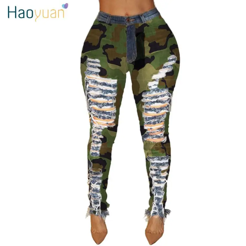 HAOYUAN exy, камуфляжные, размера плюс, с дырками, джинсовые штаны для женщин, Осенние, обтягивающие брюки, высокая талия, стрейч, облегающие штаны