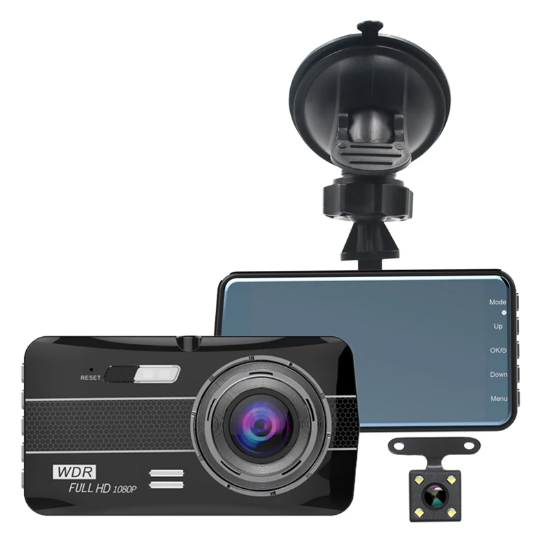 Двойной Dash Cam 1080P вождение автомобиля Камера Регистраторы DVR Full HD 4 дюйма ЖК-дисплей Экран 170 ° широкоугольный WDR(широкий динамический диапазон) петля Запись Motion детекторов