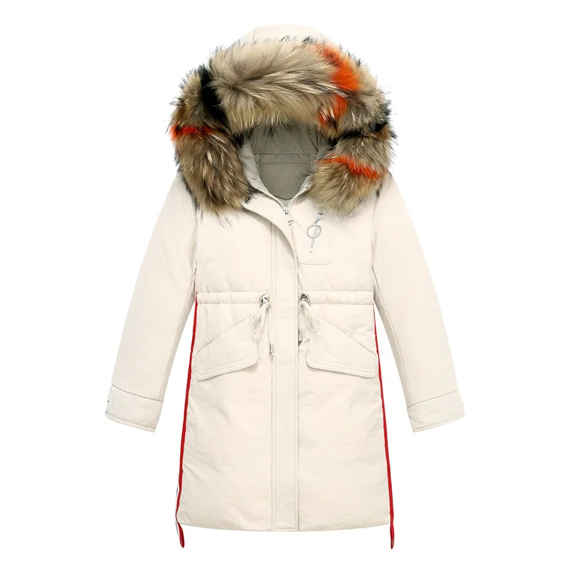 Пуховик для девочек 14 лет, утепленный помпон из натурального меха, длинное Детское пальто с воротником зимние парки для девочек-подростков, верхняя одежда - Цвет: White