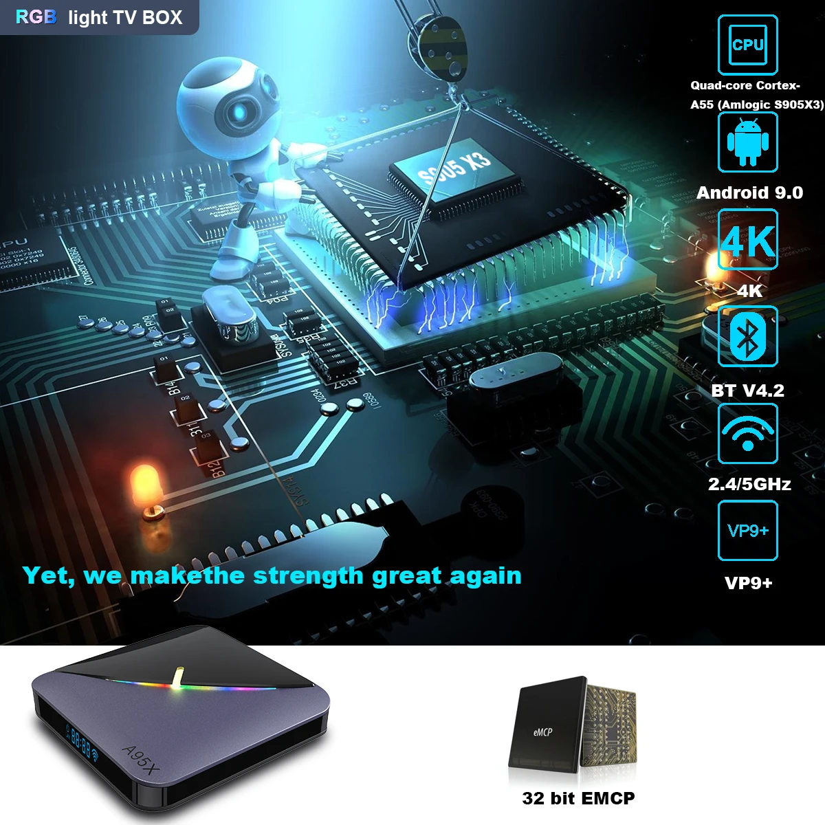 A95x F3 RGB Light Android 9.0 Smart TV Box Android 9.0 4GB 64GB Amlogic S905X3 WIFI H.265 8K 60fps Netflix Youtube Set Top Box