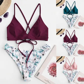 

#Z25 Backless Cross Bandage Swimwear Women Two Pieces Bikinis 2020 Sexy Bikini Set Beachwear Print Push Up Biquini Bathing Suit