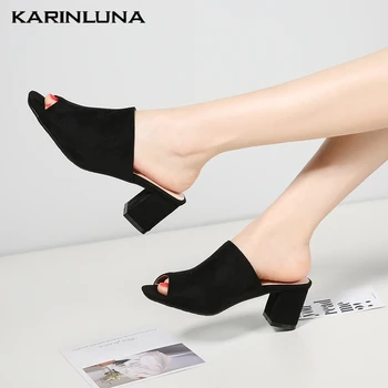

Karinluna New Dropship Plus Size 44 Square Heels Women Shoes Woman Summer Slip On Sandal Female Lady Mules Slippers