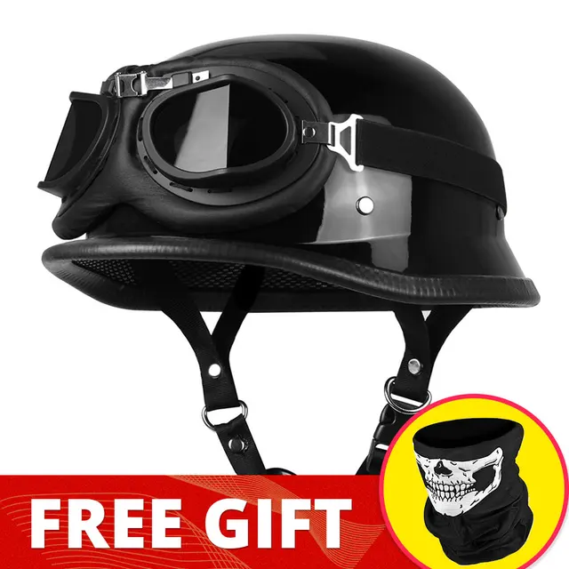 Motorcycle Helmet German Leather Vintage Casco Moto Motorcycle Open Face Retro Half Helmet Chopper Biker Pilot DOT Size S-XXL 307-Bright BK-Glass2