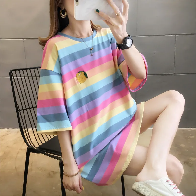 Summer Boyfriendy Loos Rainbow Striped T-shirts Women Plus Size Streetwear Harajuku Oversized T Shirt Casual Femme Tops Tees