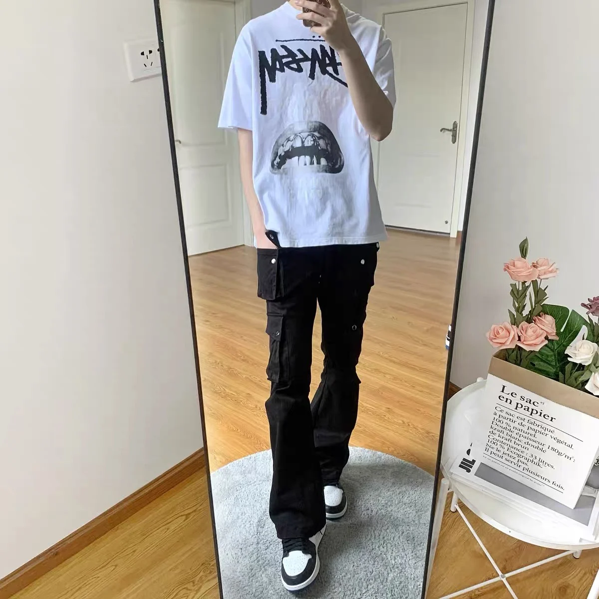New Men Women Clothing Fashion Hairstylist Zipper Micro Flared Pants Multi Pocket Overalls Plus Size Singer Costumes 27-46