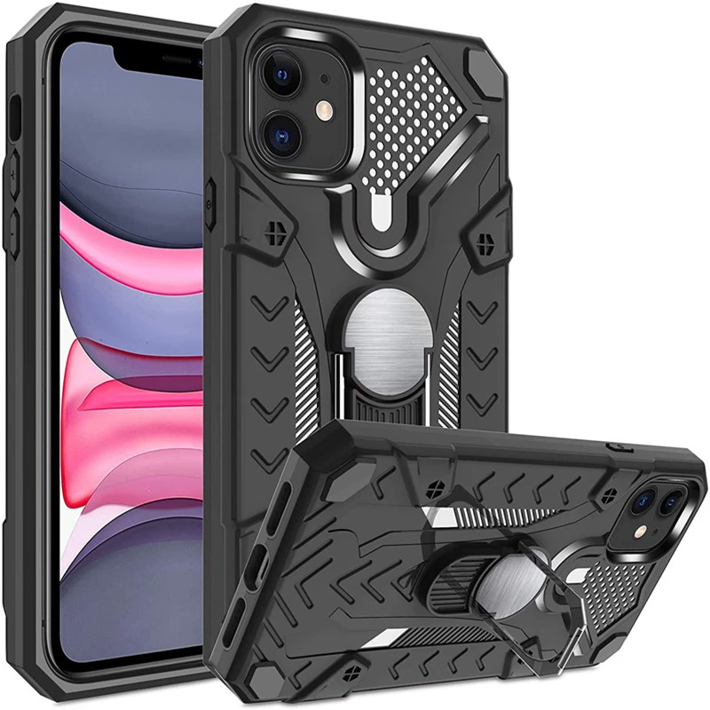 Military Grade Armor Shockproof Case For iPhone 12 Mini 11 Pro Xs Max XR X 7 8 Plus SE 2020 Magnetic Metal Ring Stand Back Cover | Мобильные