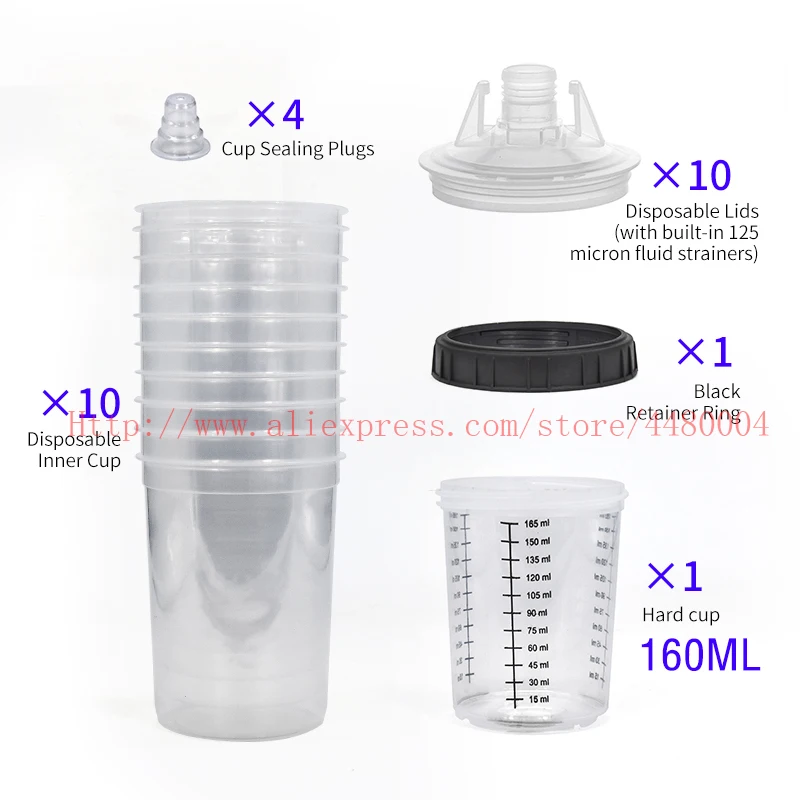 Taza mezcladora de pintura con pistola pulverizadora, taza mezcladora de pintura, 160/400/600/800ml, depósito PPS tipo H/O, taza de medida desechable PPS, 10 Uds.