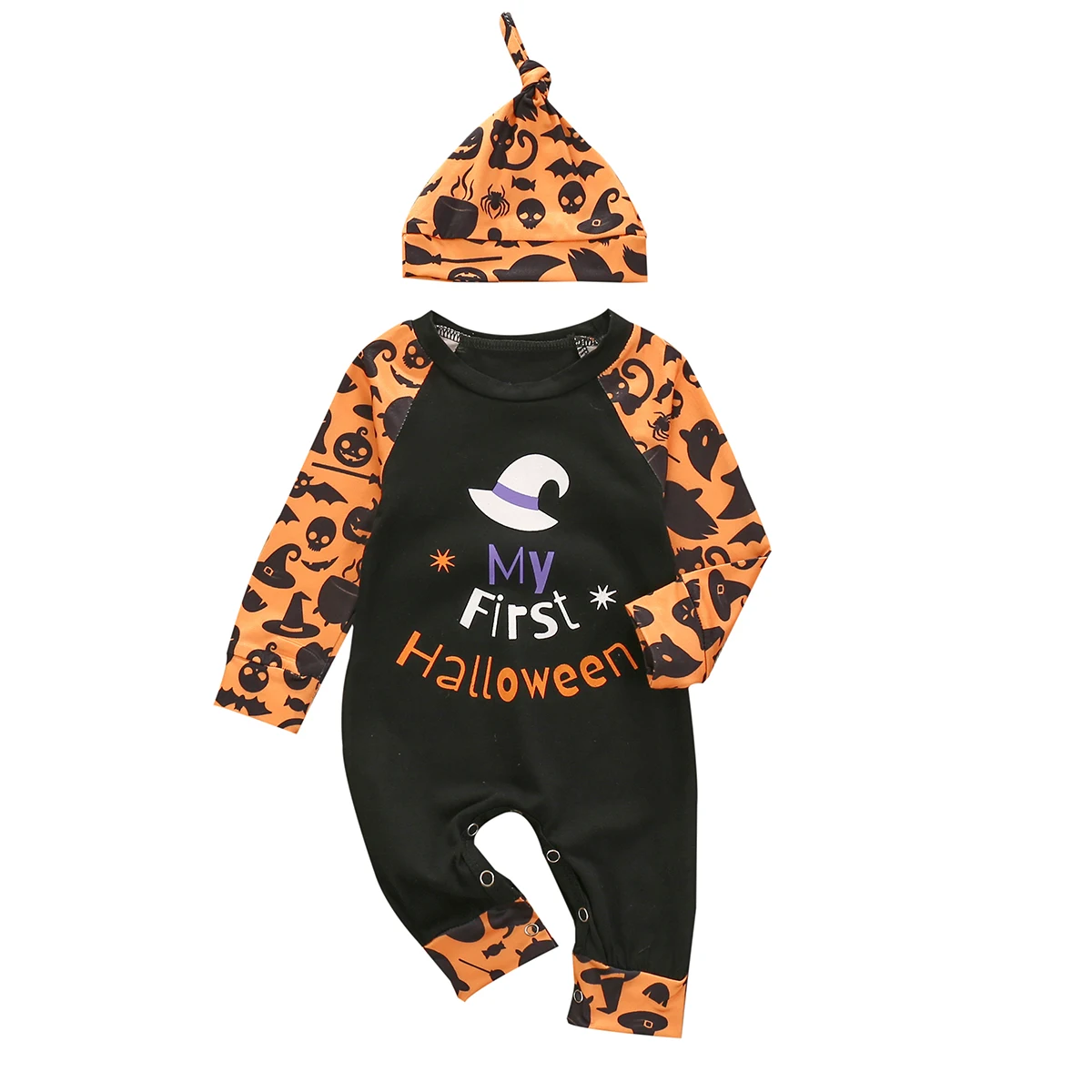 Newborn Baby Girls Boys Halloween Outfit Set Long Sleeve Letter Print Romper and Hat Set Fashion