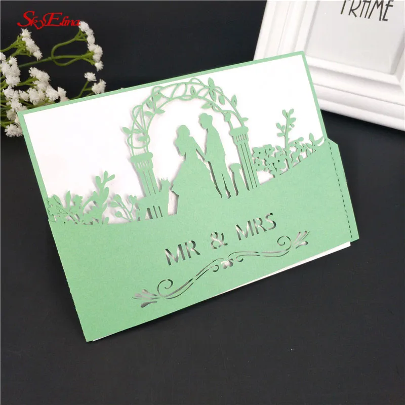 Light Green 10 шт. лазерная резка MR& MRS романтическое приглашение на празднование свадьбы карты свадебные приглашения деликатный резной рисунок с пустой внутренней Page7Z - Цвет: Light Green