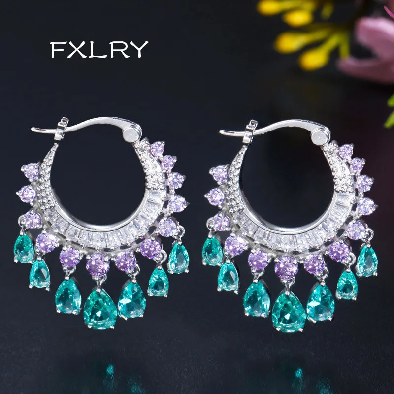 

FXLRY Elegant White Color Cubic Zircon Waterdrop Tassel Hoop Earrings Fashion Bridal Wedding Jewelry
