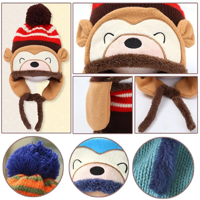 Новинка года; модная теплая зимняя шапка с обезьянкой для маленьких мальчиков и девочек; шапка в полоску с изображением обезьяны; аксессуары для фотографирования новорожденных