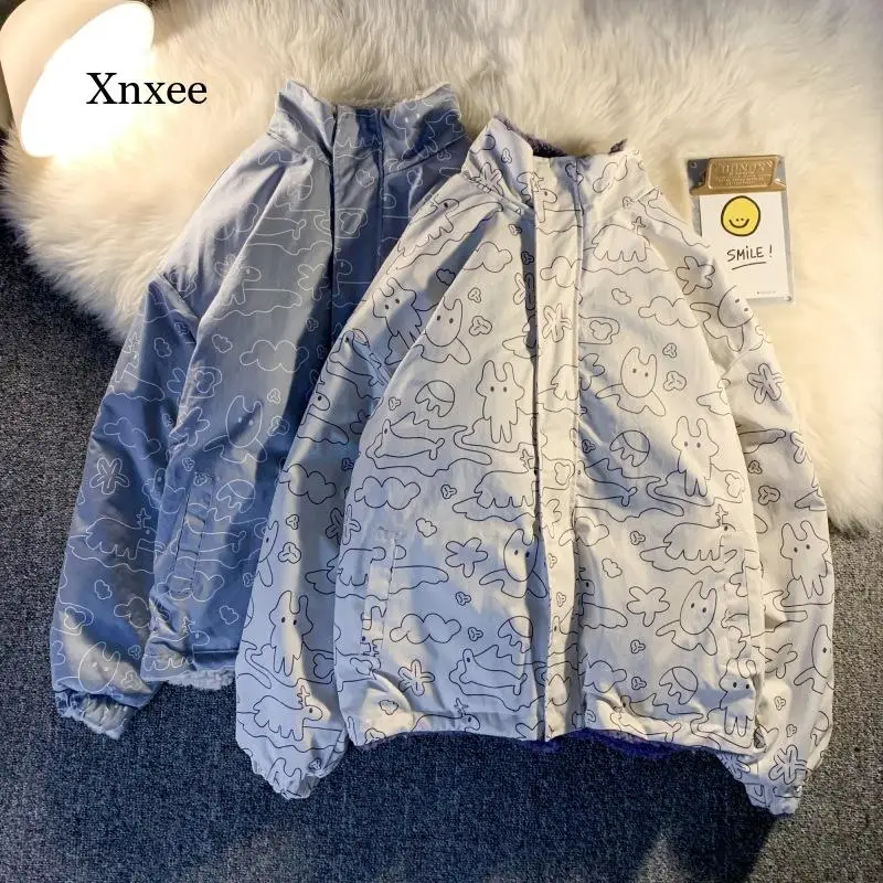 

Graffiti Printing Coat Double Sided Can Wear Winter Imitation Lambswool Women Korean Students Fashion Female Jacket Clothing