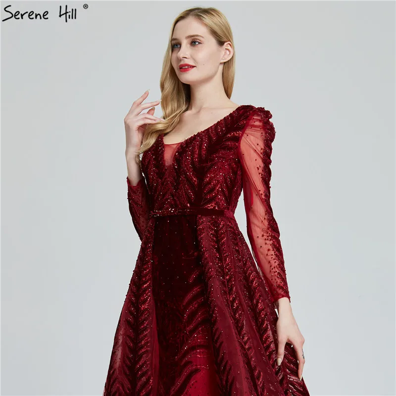 Velvet Wine Red Evening Dresses Long Sleeves Luxury Design Beading Formal Dress 2020 Serene Hill Plus Size LA60903