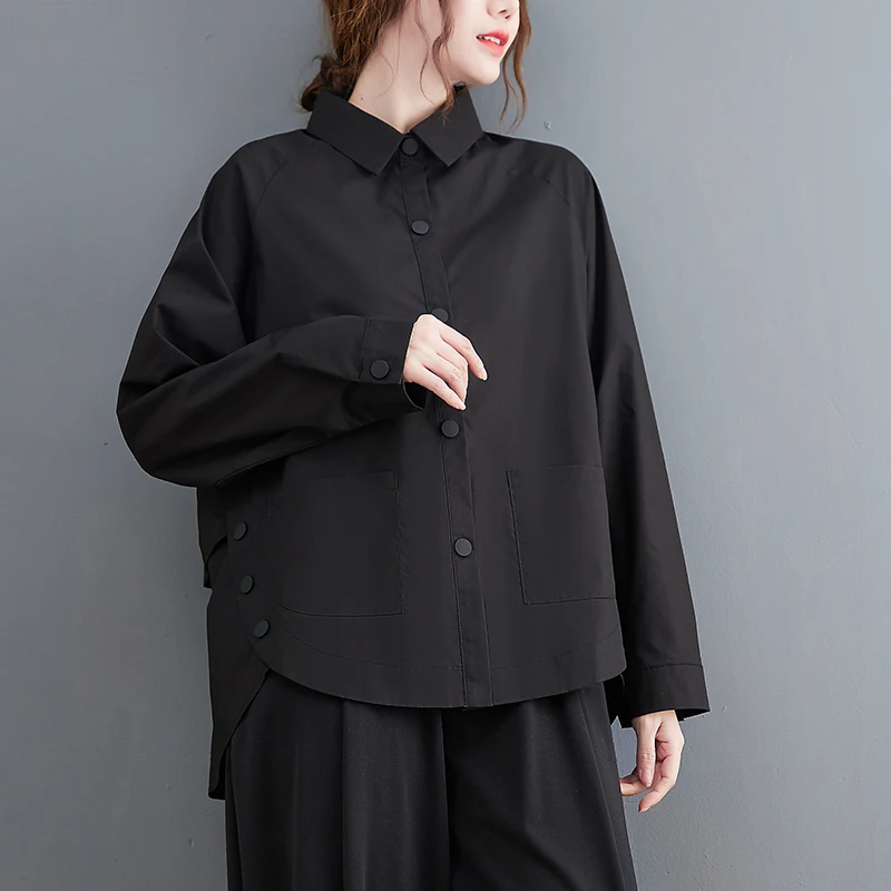 Patchwork Button Pocket Green Oversized Blouse Women New Long Sleeve Loose Casual Shirt Tops Fashion Clothes Spring Autumn 2025