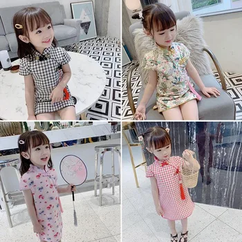 

Chinese Cheongsam embroidery Princess Dress Baby Summer Girls Dress For kids Cute Clothes Sleeveless Cotton Print Flowers Clothe