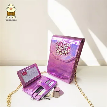 

2020 New Heart Sequins Laser PU Shoulder Chain Bag Female Korean Fashion Purple Messenger Bag Simple Girls Small Square Bag