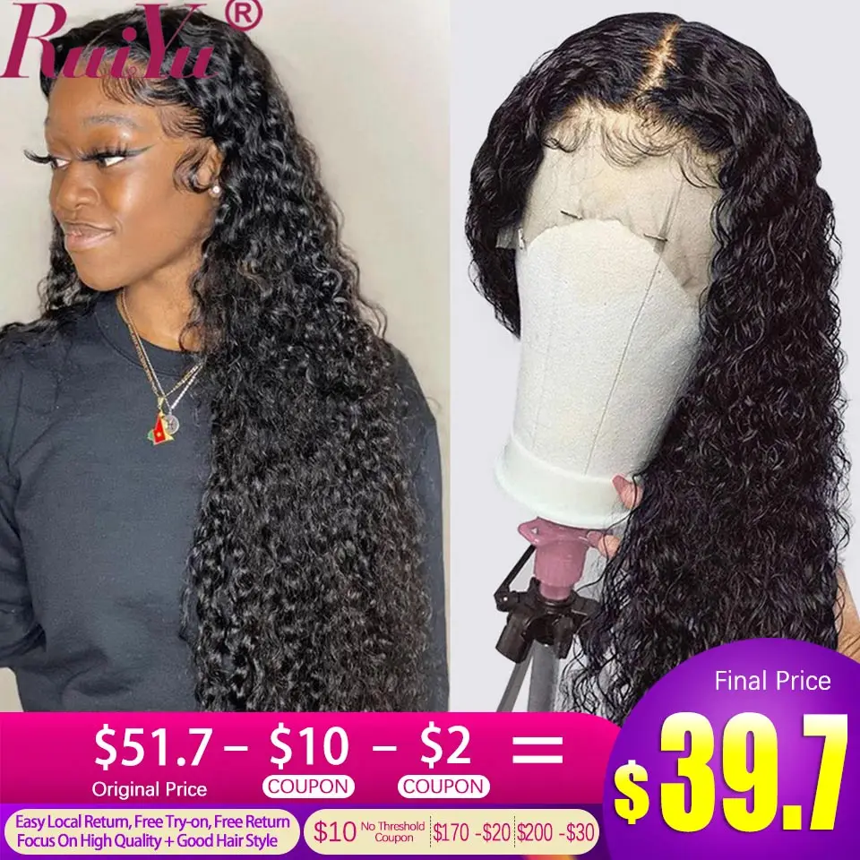 RuiYu 180 250 Density Deep Wave Frontal Wig Curly Human Hair Transparent Deep Wave Lace Wig T Part Brazilian Wet And Wavy Wig