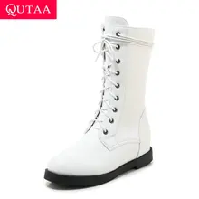 QUTAA/ г. Повседневные ботинки до середины икры из искусственной кожи на платформе, со шнуровкой, на молнии осенне-зимняя универсальная женская обувь на квадратном каблуке размеры 34-43