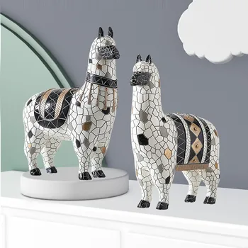 

Nordic Simple Creative Mosaic Alpaca Art Sculpture Cactus Alpaca Animal Statue Resin Craft Decorations For Home R3447