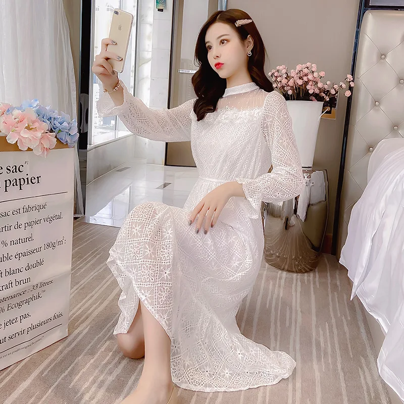 

2020 Spring New Style WOMEN'S Dress Spring Transparent Gauze Joint Young Elegant Lace Dress Mid-length Ladies' Dress
