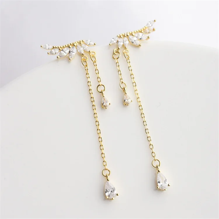 golden wing zircon tassel earrings woman 100% 925 Sterling silver Jewelry fashion Hypoallergenic Stud earrings for women gift