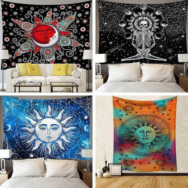 

Tapestry Wall Hanging Skull Cloak 3D Halloween Black Tarot Tapestry Mandala Moon Sun Ouija Hippie Boho Home Wall Carpet