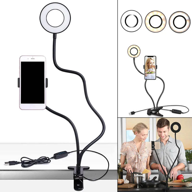 

Newly Selfie Ring Light Phone Holder Stand for Live Stream Makeup Bracket Clamp Clip On Desk LED Lamp 999