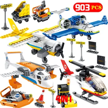 

4 IN 1 Technic City Airport Aviation Aircraft Helicopter Trainer Building Blocks Sets Bricks Model Kids Toys Compatible city