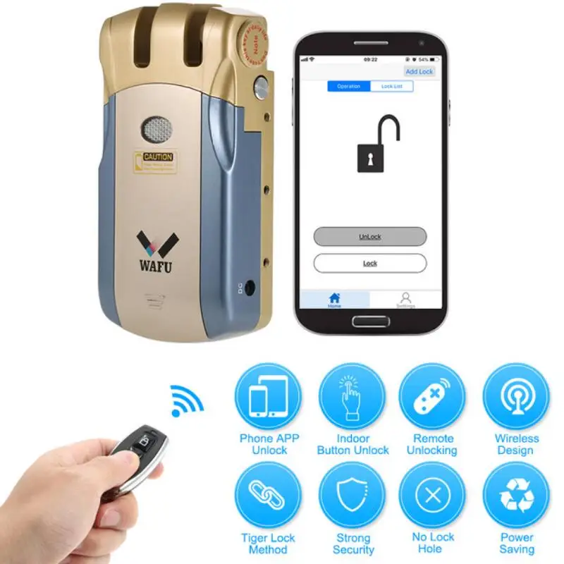 

2018 Wafu 010 Keyless Entry Electronic Remote Door Lock Wireless 433mHZ Invisible Intelligent Lock With 4 Remote Keys