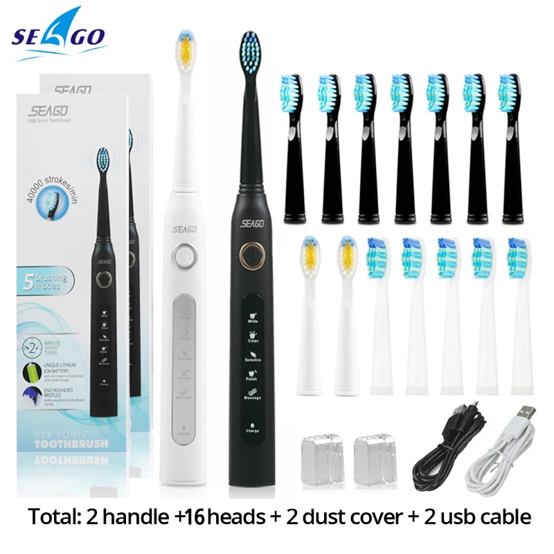 Seago Sonic электрическая зубная щетка SG-507 для взрослых с таймером щетка 5 режимов USB зарядное устройство перезаряжаемые сменные головки зубных щеток Набор - Цвет: white black head