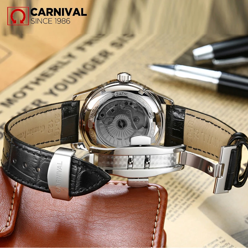 Качественный KARNEVAL Uhren myanner Топ Luxus Marke Automatische Mechanische Uhr сапфир вассердихте Uhren Leder mjannlichen нарукавная повязка